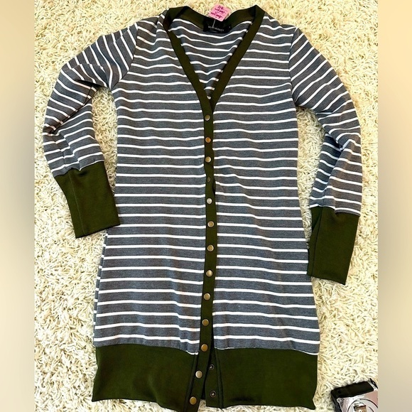 Striped Cardigan Merokeety Size Small/Green and White with gold buttons. - Picture 1 of 6